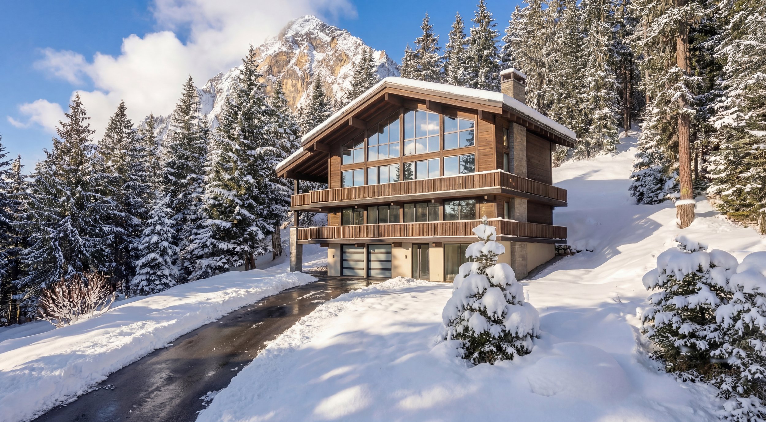 Snoqualmie Pass architecture — alpine modern house in deep winter snow