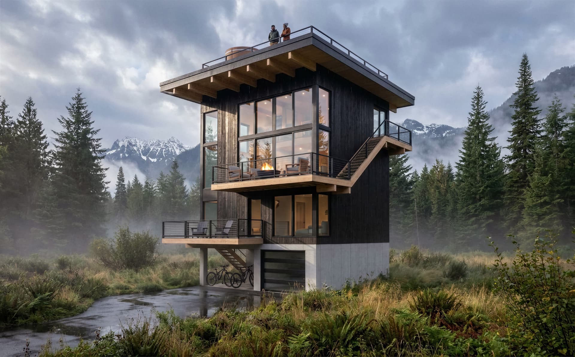 The Cascade Cloud Loft — Starwater Snoqualmie Pass cabin design with three levels and a rooftop deck